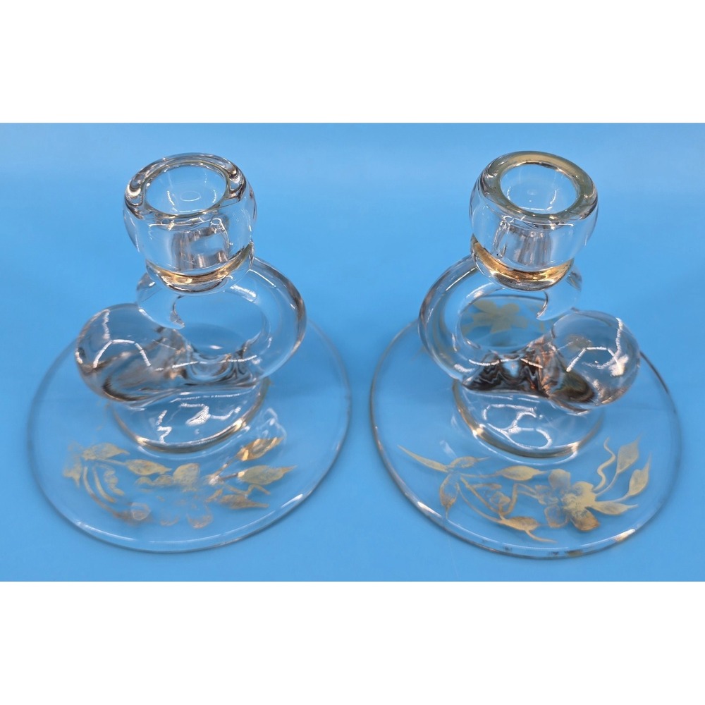 Set of 2 Vtg Paden City‎ Comet Candlestick Holders Glass Gold Floral 1940's